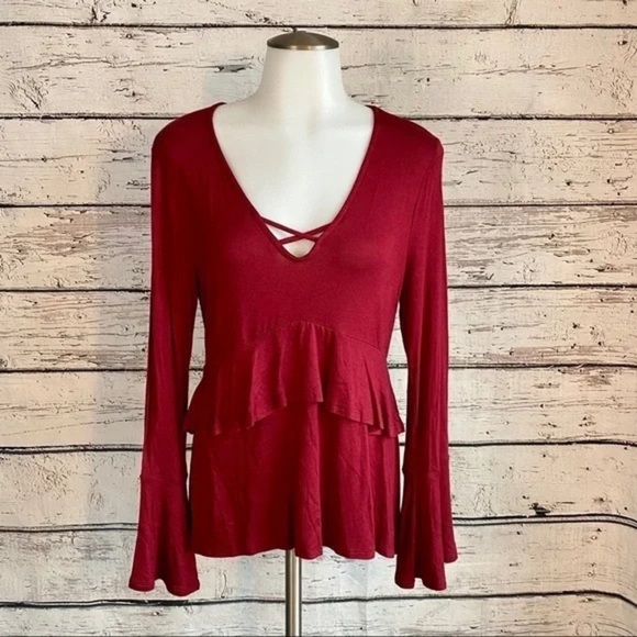ANDREE BY UNIT Red Ruffled Bell Sleeve Blouse - Picture 1 of 5